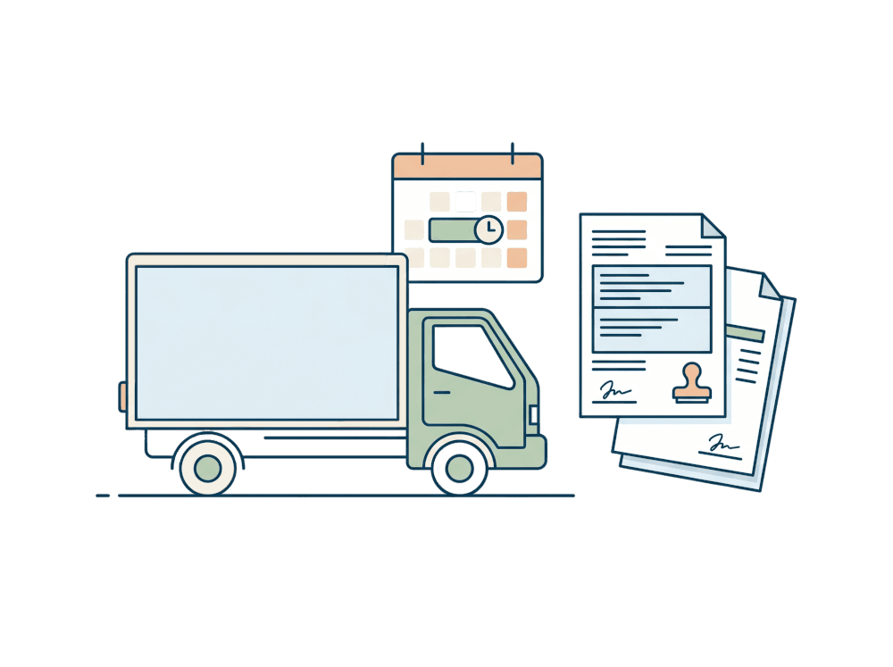 B2B delivery truck with calendar appointment slot and shipping documents