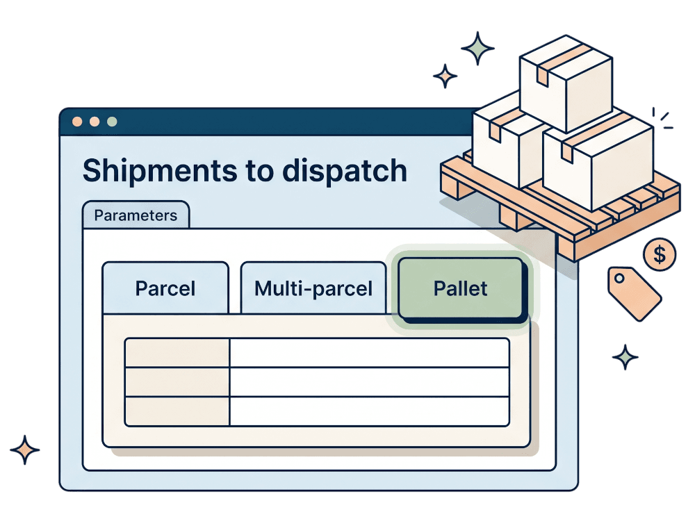 JetSend dashboard with parcel, multi-parcel and pallet shipment tabs