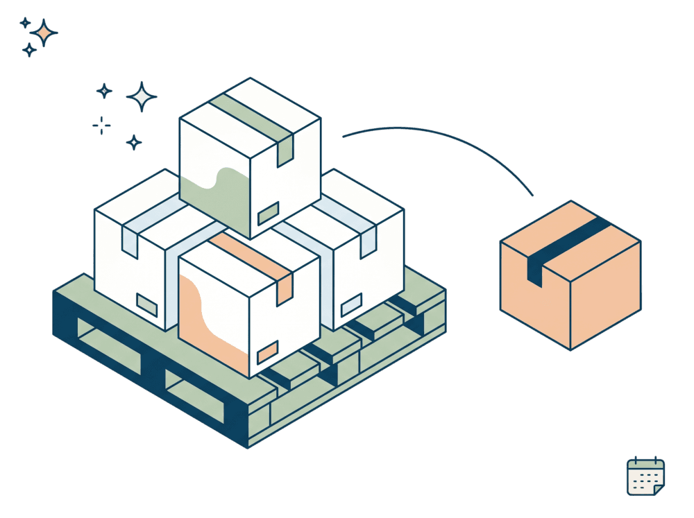 Pallet stacked with boxes alongside a smaller parcel