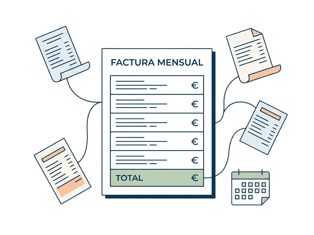Pila de recibos que se consolidan en una factura única