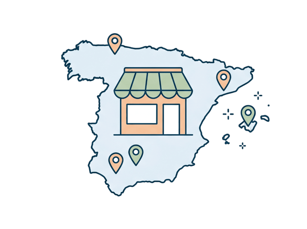 Mapa de España con una tienda y varios puntos de recogida