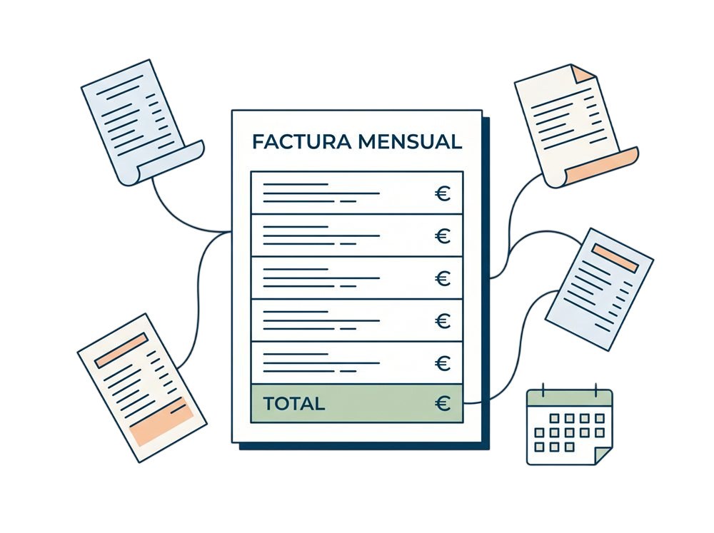 Stack of receipts consolidating into one summary invoice
