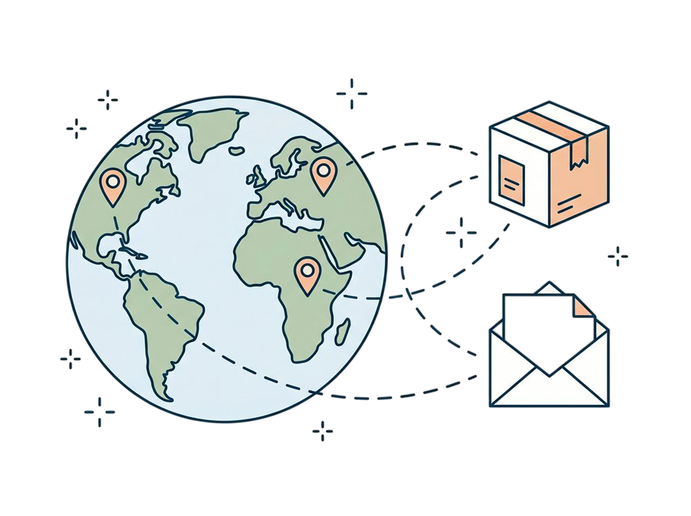 Globe with parcel, envelope and pickup pins
