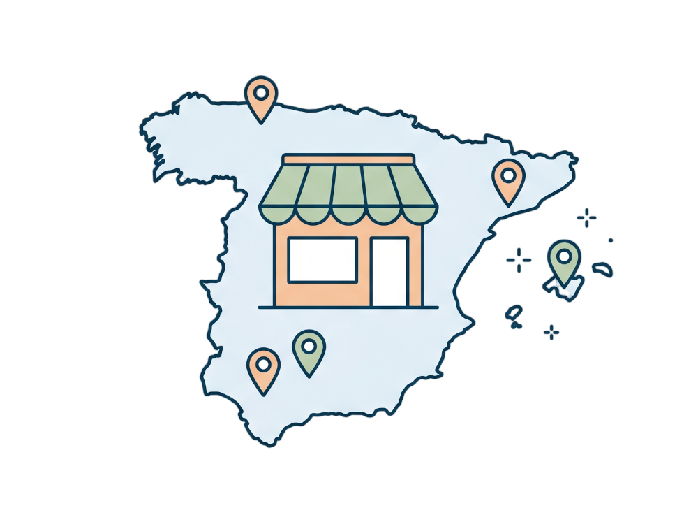 Mapa de España con una tienda y varios puntos de recogida