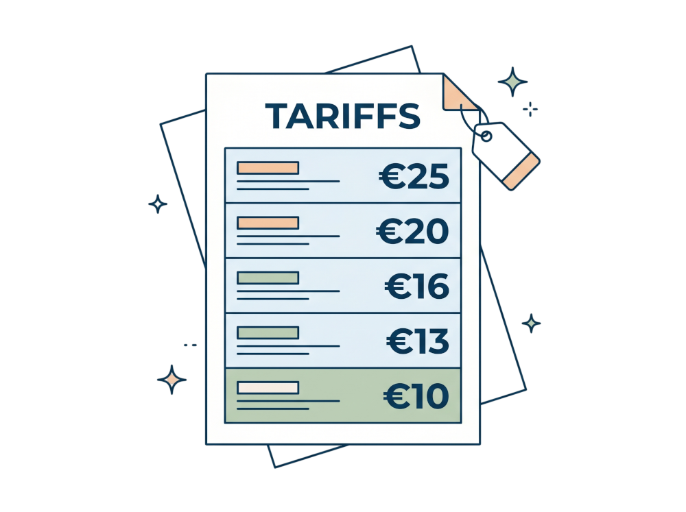 Factura con filas de tarifas escalonadas en euros y etiquetas de precio